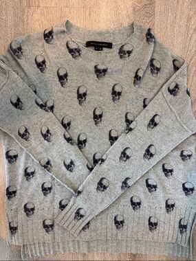 Skull Cashmere Heather Gray Crewneck Sweater with Black Skull Pattern